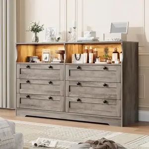 Garvee 6-Drawer Wood Storage Cabinet with Power Outlet and LED Lights, 55-Inch Wide Farmhouse Entertainment Center with Open Shelf for Living Room, Bedroom, and Entryway in Grey Finish
