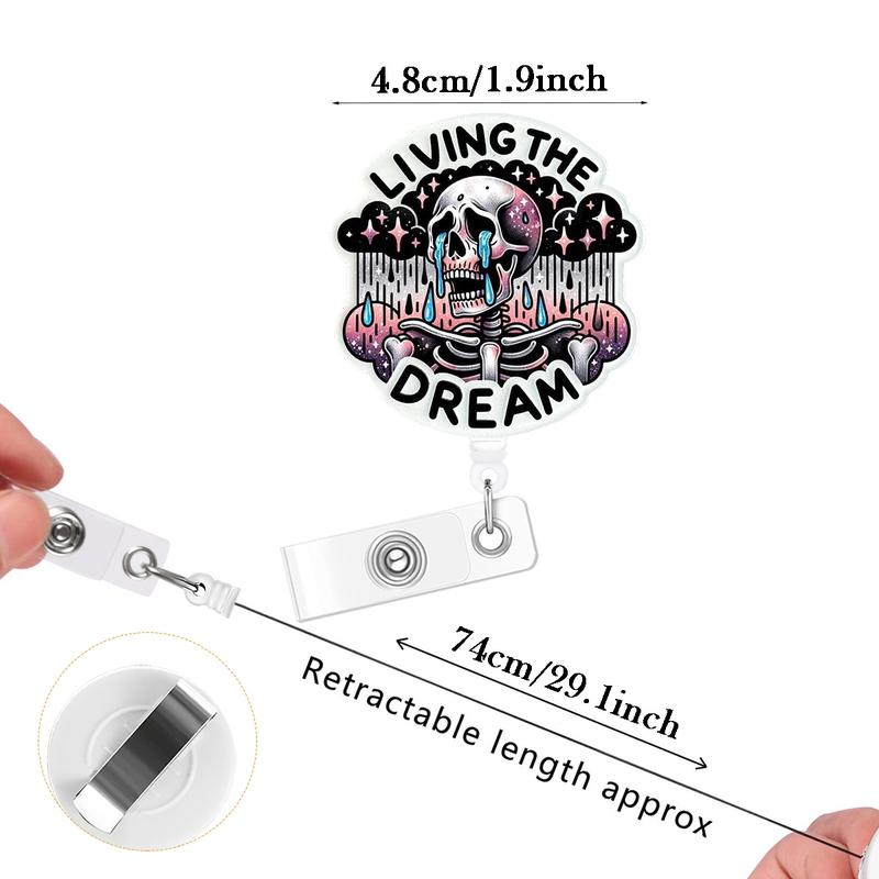 Live the Dream Badge Reel, Cute Skull Badge Clip Retractable with ID Holder, Nurse Work Accessories, Fun Rn Flashing Badge Roll with Belt Clip