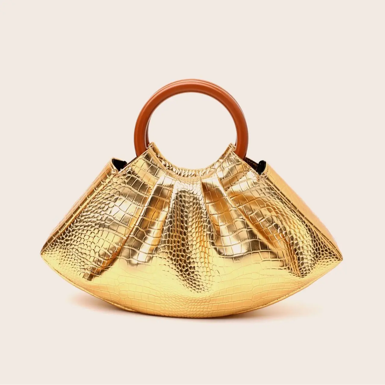 Women's Mini Ruched Evening Tote Bag, Faux Leather/Metallic Crocodile Print Handbag with Wooden/Leather Handle, Multiple Colors Shoulder Clutch summerwins,summerwins Chic Bag