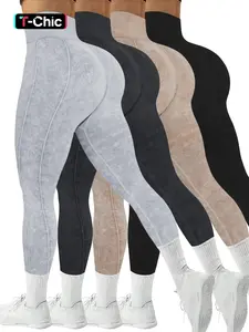 Women's Solid-Color High-Waist Stretchy Sports Leggings, Breathable Comfortable Skinny Pants for Yoga, Gym and Workouts, Ladies' Sportswear for All Seasons, Comfy Stretchy Leggings