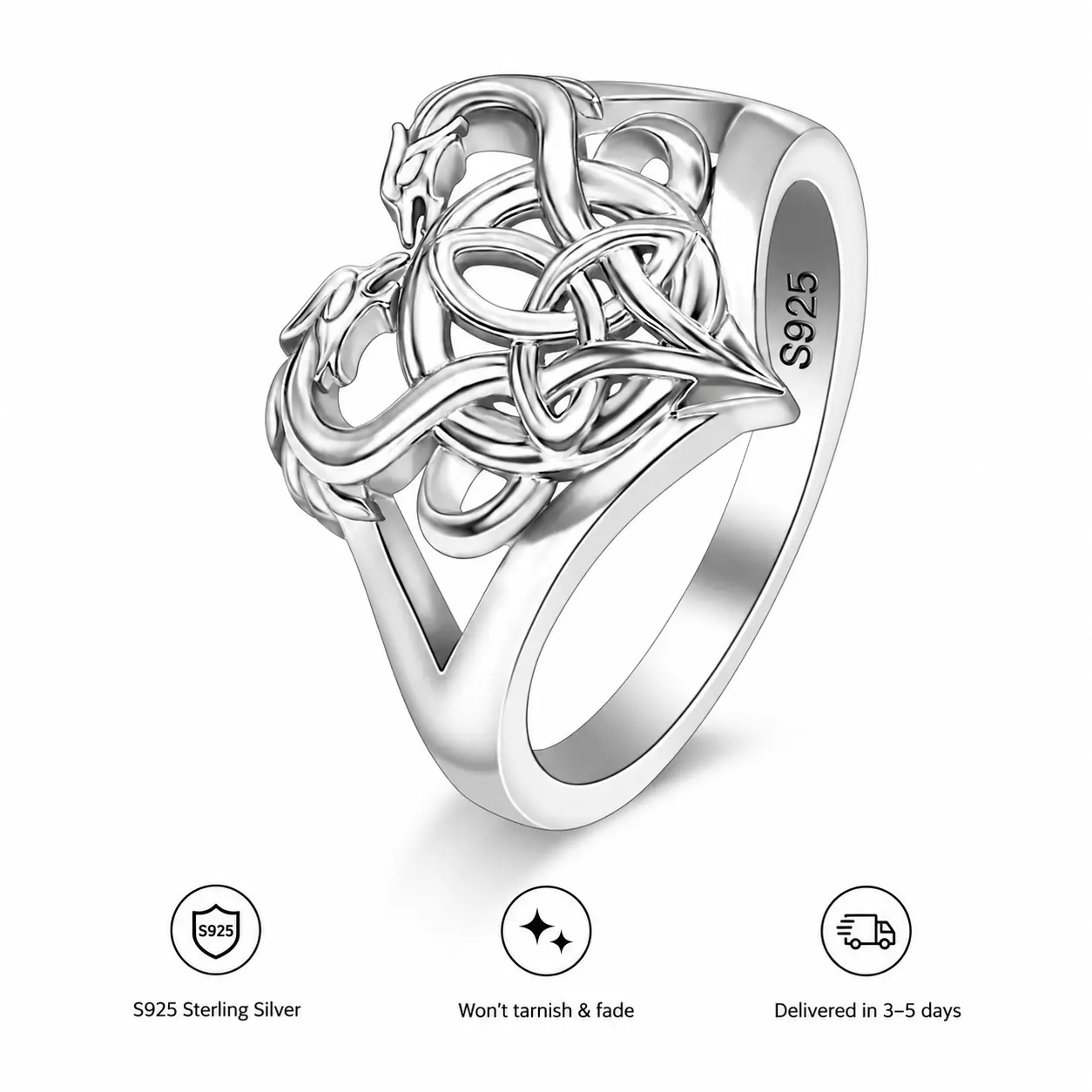 925 Sterling Silver Unisex Dragon Celtic Knot Ring - Goth Dragon Motif Adjustable Open Band, Vintage Norse Viking Medieval Renaissance Jewelry, Ideal Gift for Birthday Anniversary