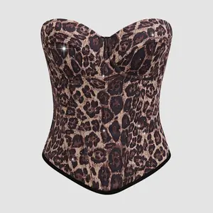 Women’s retro leopard velvet strapless camisole top with push-up bust support; sexy slim-fit zip shapewear for outerwear, suitable for everyday summer wear and layering over shirts/jackets.