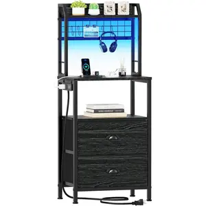 41'' Tall Nightstand with  Station, Bedside Table with LED Lights, End Table with 2 Drawers and Storage Shelves, Night Stand with Pegboard for Bedroom, Black Oak