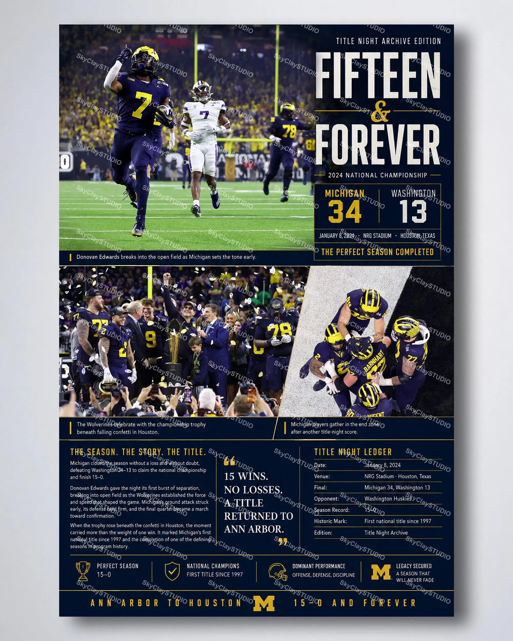Michigan Wolverines Football 2024 National Championship Poster, 15-0 Season Title Night Wall Art, Ann Arbor Sports Decor( Unframed - Print Only )