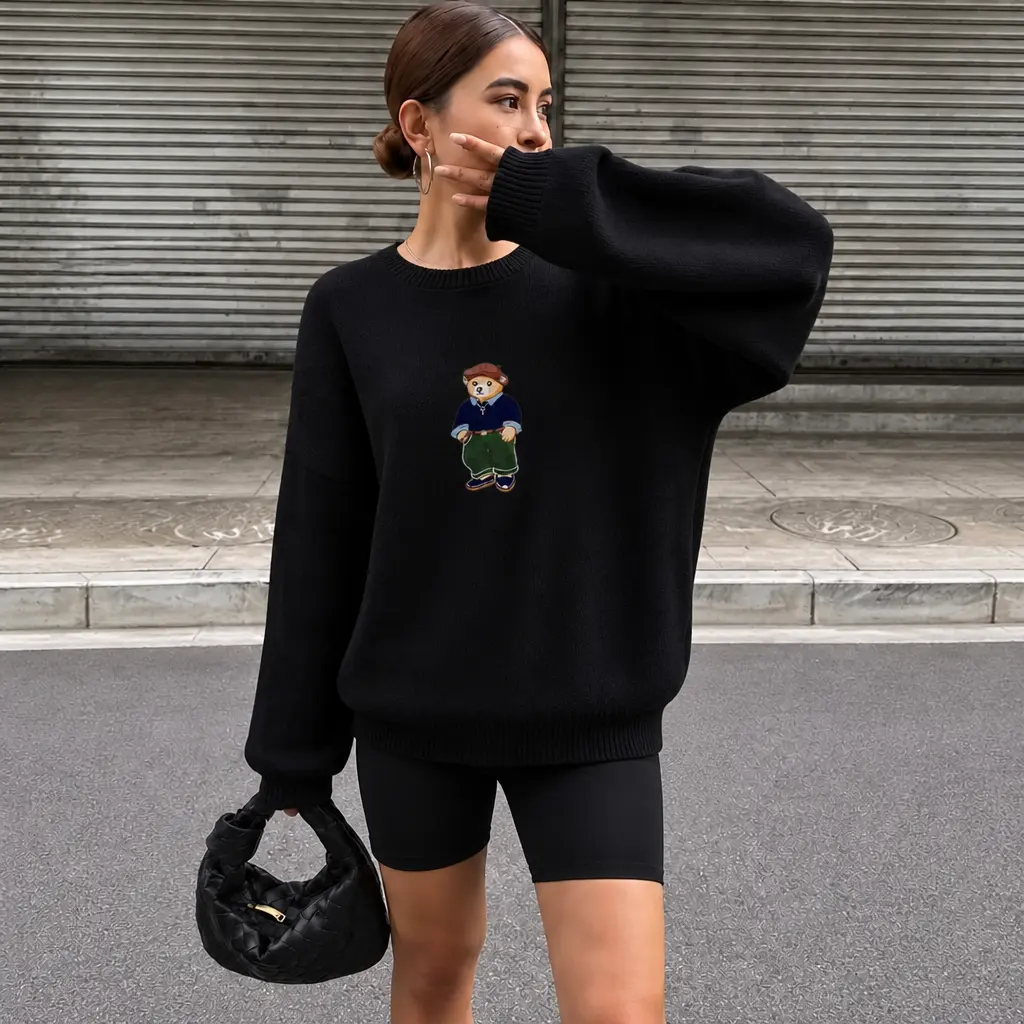 Women's Oversized Bear Graphic Crewneck Sweater. Cute Casual Pullover Tops For Everyday Outfits. Essential Layering Piece For Transitioning Cozy Fall Clothes Into Warm Winter Knitwear. Y2K Streetwear Slouchy Long Sleeve Jumper Tops For Women. Womenswear