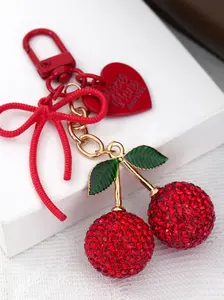 Rhinestone Cherry Keychain, Stylish Keychain, Shiny Cherry Pendant with Leaf, Heart, and Bow Charm, Elegant Accessory for Keys, Unique and Eye-Catching