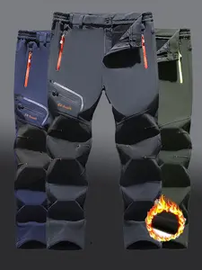 Men's Winter Fleece Lined Outdoor Pants, Windproof Waterproof Warm Long Hiking Camping Climbing Skiing Soft Shell Trousers with Belt