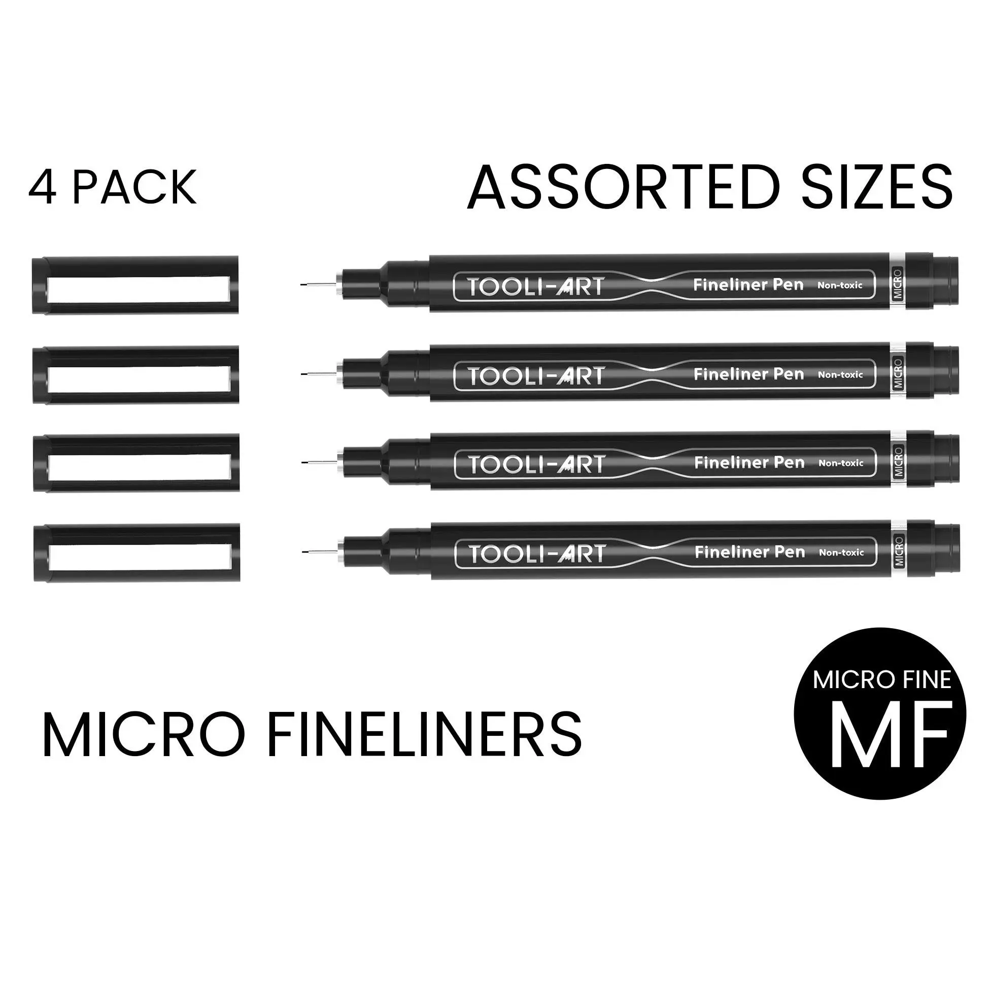 TOOLI-ART Micro-Line Pens 4 PACK Black, Fineliner, Multiliner, Archival Ink, Artist Illustration, Architecture, Technical Drawing
