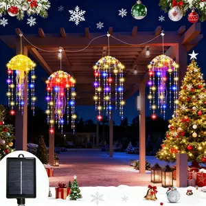 4-Piece Solar Hanging Jellyfish Lights, Solar Outside Lights, Smart Light Sensor Warm /multicolor Flashing, Adjustable 8 Modes for Garden, Patio, Tent Decor