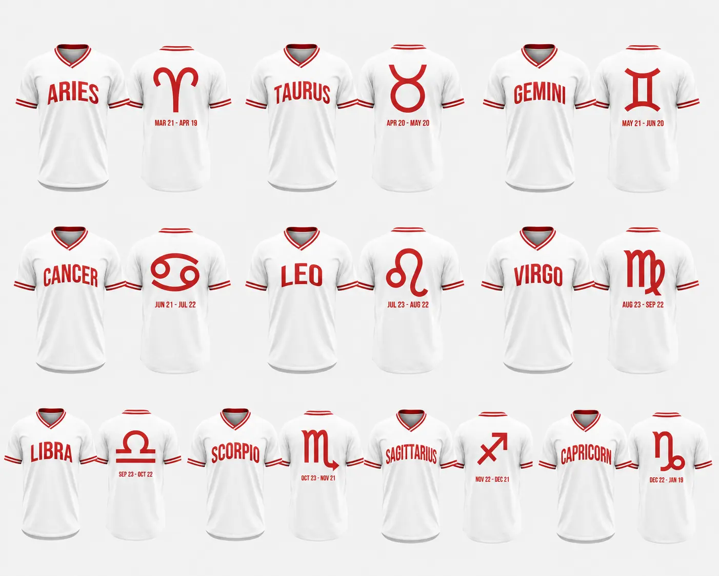 12 Zodiac Signs Jersey Shirt White and Red for Men Women, Breathable V-Neck Jersey Tee, Astrology Couple T-Shirt, Horoscope Graphic Top, XS-5XL. Graphic Shirt Featuring Zodiac Signs: Aries, Taurus, Gemini, Cancer, Leo, Virgo, Libra,...