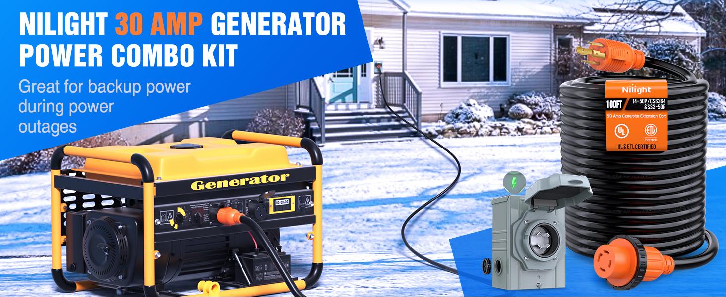 Nilight 30A 100FT Generator Extension Cord Power Inlet Box with Locking Connector 125/250V 7500W 10 Gauge STW ETL Listed 4 Prong L14-30P L14-30R Cable for RV Outdoor Use