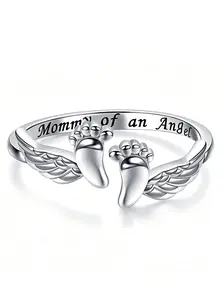 Adjustable Letter Wing Open Ring, Fashion Women's Jewelry, Unique Angel Wings and Feet Design, Elegant Daily Accessory, Perfect Gift for Mom, Girlfriend, Wife, Friend