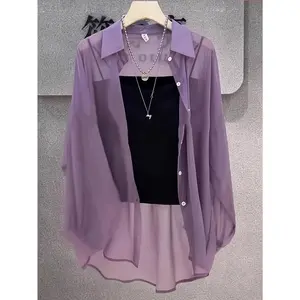 Solid Color Loose Button Front Shirt, Casual See Through Long Sleeve Thin Shirt For Spring & Fall, Women's Clothing Blouses Tops Womenswear