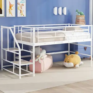 Mid Loft Bed with Storage stairs, Twin, White    RR Sturdy Metal Frame Easily Assembled
