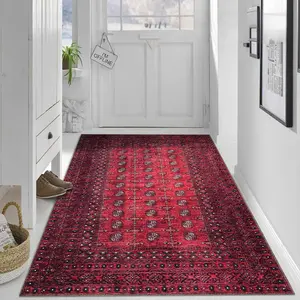 【Velvet + 850g/m² + Anti-slip dotted backing】1pc rich, rustic red tribal check pattern rug, comfortable and beautiful, versatile for any decorating style, high-definition pattern printing with double-locked edges.