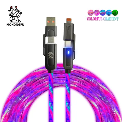 Mokongfu 120W 4 In 1 C-Type Cable - Short, Color-Changing Gradient Rainbow LED, Cool Lighting Modes, Durable Quality Fast Charging & Data Cable, 3.3ft/6.6ft/10ft USB-A for iPhone, Samsung Devices
