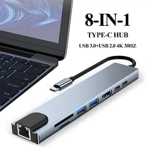 8-in-1 Type-C docking station, metal silver gray business style 4K projection screen+gigabit Ethernet port+PD100W fast charging, universal for laptop office and online course projection screen