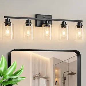 Modern Bathroom Light Fixtures, 5 Light Vanity Lights Over Mirror, Black Wall Lamp with Clear Glass for Living Room Cabinet Bedroom Porch
