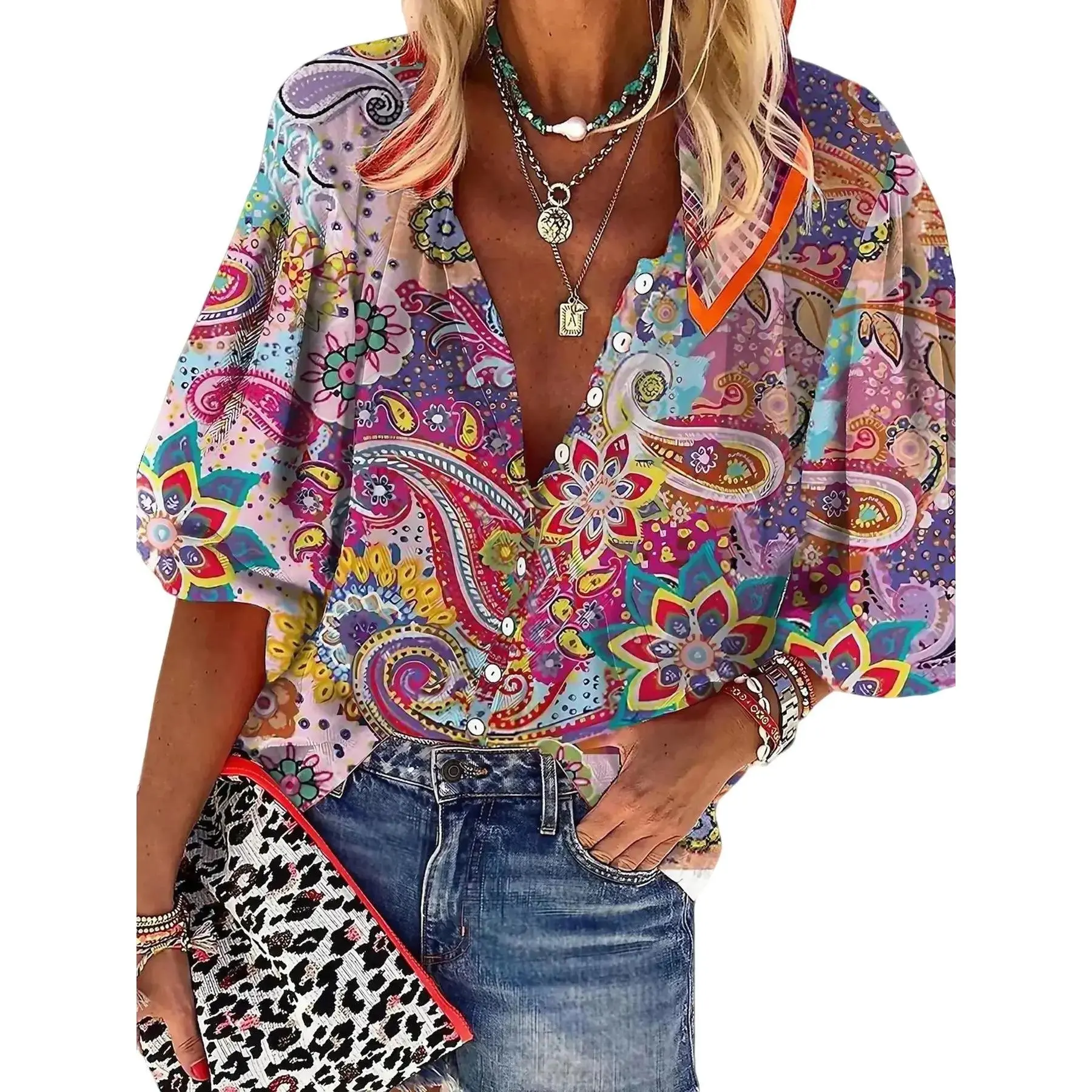 Women's Plus Size Paisley Floral Print Button-Front Blouse - Boho Bishop Sleeve Notched Neck Going Out Top for Spring, Fall, Daily Casual Wear