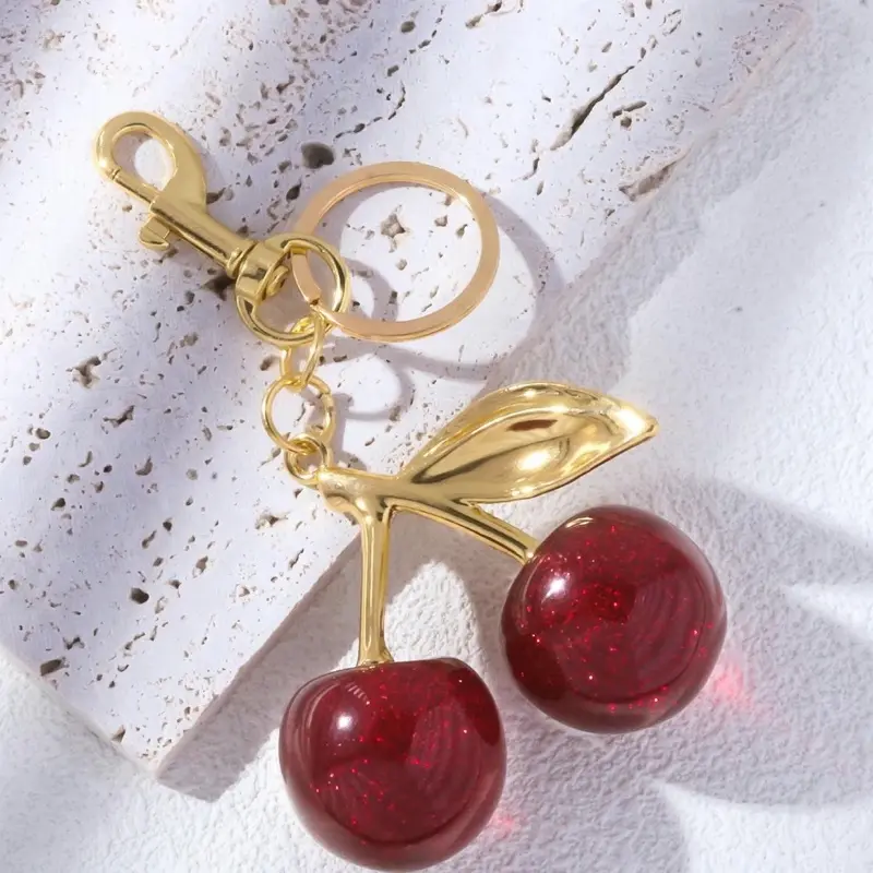 Sparkly Cherry Purse Charm - Red Glitter Design with Gold-tone Metal Hook & Leaf Detailing for Stylish Accessories