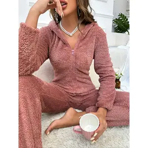 Women’s solid plush zip-up hooded onesie, casual long-sleeve midi jumpsuit for fall and winter, relaxed-fit sleepwear, women’s sleepwear for indoor wear
