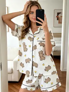 Women's Pajamas Set 2026 Summer Collection Trendy White Cartoon Capybaras Lemons Black Trim Lightweight Breathable Button Down Short Sleeve Shorts Milk Silk Soft Comfy Loose Fit 2 Piece Casual Sleepwear Loungewear Daily Wear for Women