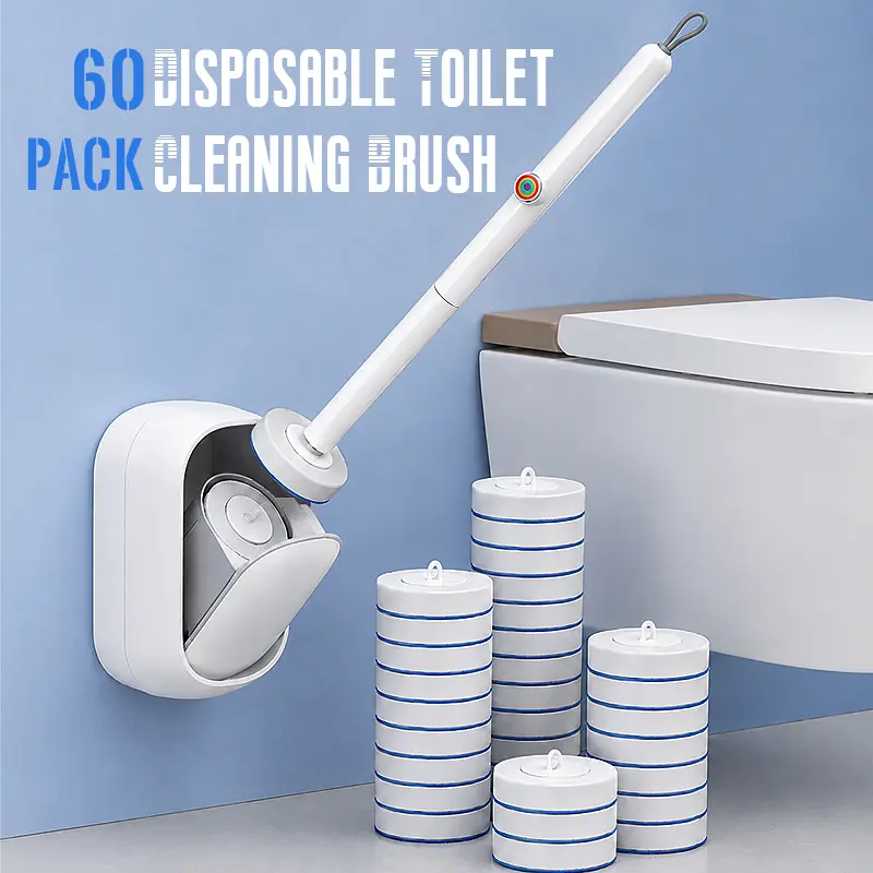 60-Pack, Touch-Free Disposable Toilet Brush and Cleaning Set, Wall-Mounted Toilet Wand with Disposable Refill Heads, Space-Saving Toilet Cleaning Tool for Deep Cleaning
