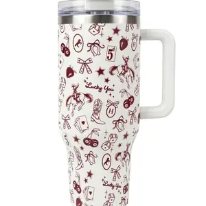 "Lucky You" Western Retro 40oz Tumbler, 18/8 Food Grade Stainless Steel, Aesthetic Cherry and Horse Print Water Bottle, Thoughtful Mother's Day/Birthday/Graduation Gift for Her, Cupholder Friendly Large Travel Cup