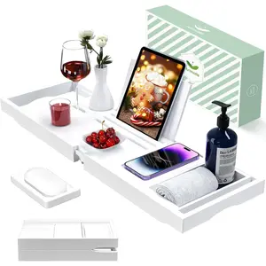 Foldable Bathtub Caddy Tray for Tub, Bamboo Bathtub Tray Table with Book Holder for Home Spa Relax, Bathroom Accessories for Women Men with Free Soap Dish (Semi-Simple, White)