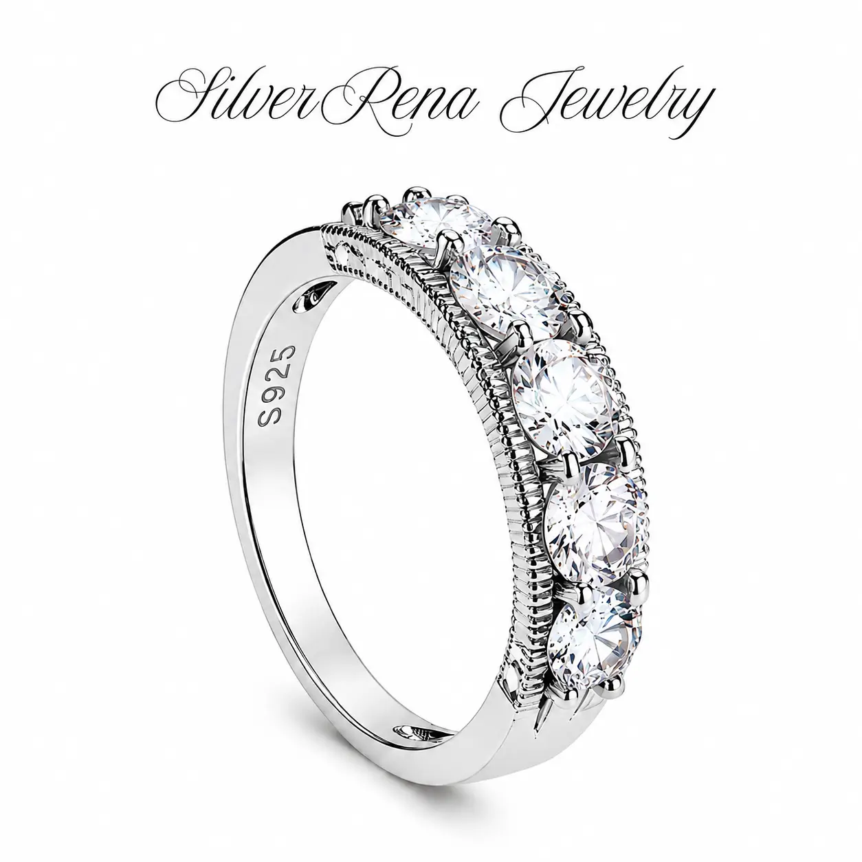 925 Sterling Silver Milgrain Prong-Set Half Eternity Stackable Band Ring, 5 Round Clear Cubic Zirconia, Rhodium-Plated Non-Tarnish Fashion Jewelry for Office, Evening Cocktail Party, Young Women Teen Girls Gift