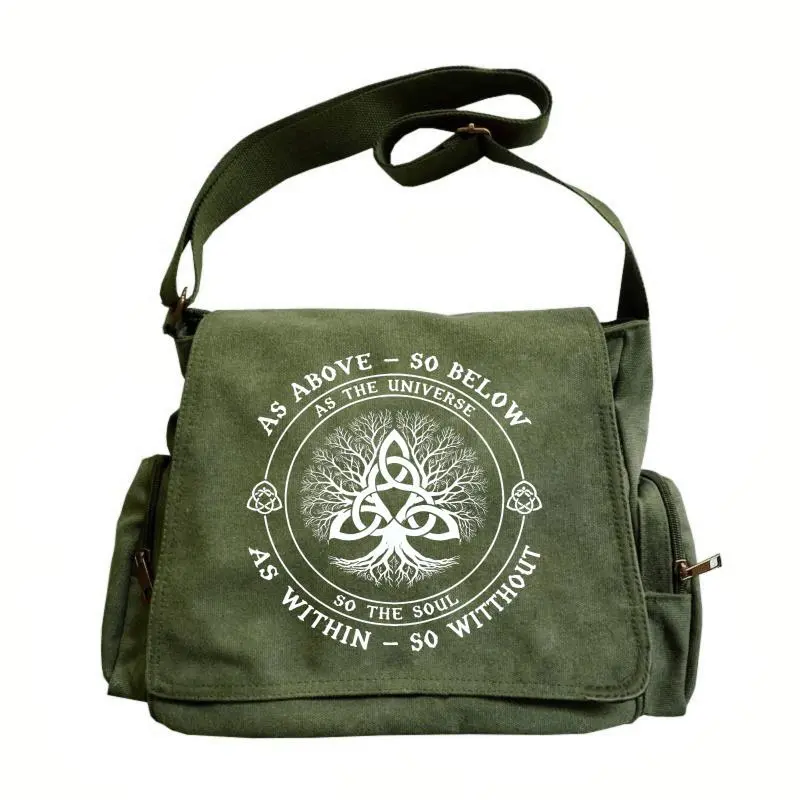 Women's Vintage Canvas Crossbody Bag - Large Capacity, Tree Pattern, 3 Tie Closures, Adjustable Shoulder Strap, Flap Design, 2 Color Options, Philosophical "Universe" Themed Lettering Print
