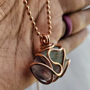 2.4mm Ball Chain Rainbow Fluorite Crystal Pendant Necklaces 24 Inches, Thick 14 Gauge Copper Wire Wrapped Jewelry, - Mental clarity - Spiritual growth - Emotional balance [Made-to-Order]