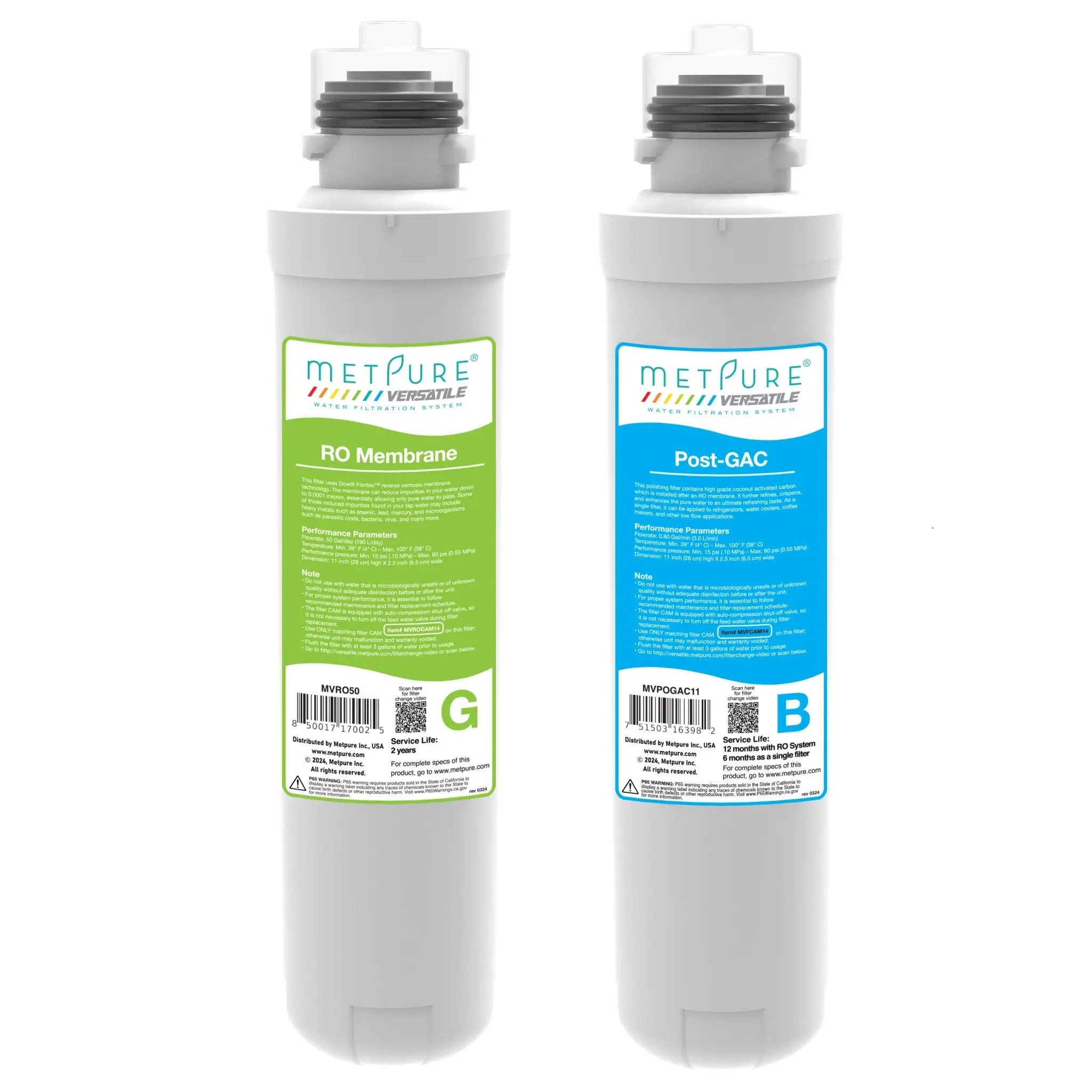 Metpure Versatile Green 50 GPD RO Membrane + Blue GAC Quick Twist Filter Set. Replacement Water Filter Cartridge Set
