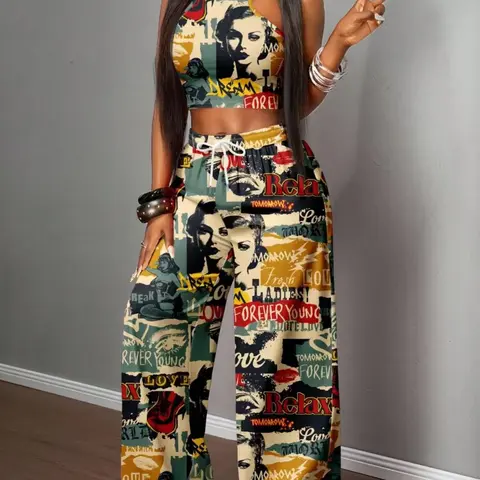 Women's Casual Bold Print Pants Set Two-Piece Set, Stylish Round Neck Short Sleeveless Top & Oversized Loose-Fitting Baggy Trousers Set, Fashionable Summer Outfits, Womenswear Style Clothes, Clothing Sets