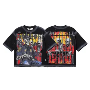 Men Women Cartoon Graphic Rhinestone T-Shirt Pure Cotton Washed Black Dirty Oversized Full Ink Splash Print Unisex Streetwear Summer Trendy Top