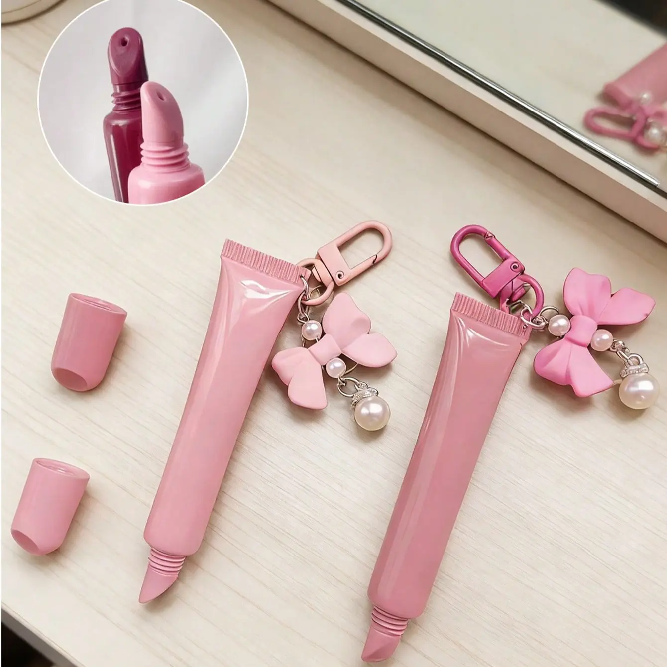 Pearl Pendant Keychain Lip Gloss Tube, Replaceable Lipstick Container, Soft Squeeze Lip Balm Packaging, Fashion Essential Gift
