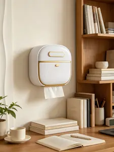 Minimalist Plastic Wall-Mounted Toilet Paper Holder with Storage Shelf, Waterproof White & Gold No-Drill Bathroom Tissue Box Organizer for Toilet Paper Rolls & Wipes