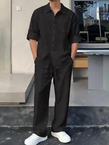 Men's Breathable Linen-Feel Set, Roll-Up Sleeve Shirt + Straight Leg Pants, Casual Slim-Fit Blouse, All-Season Fashion