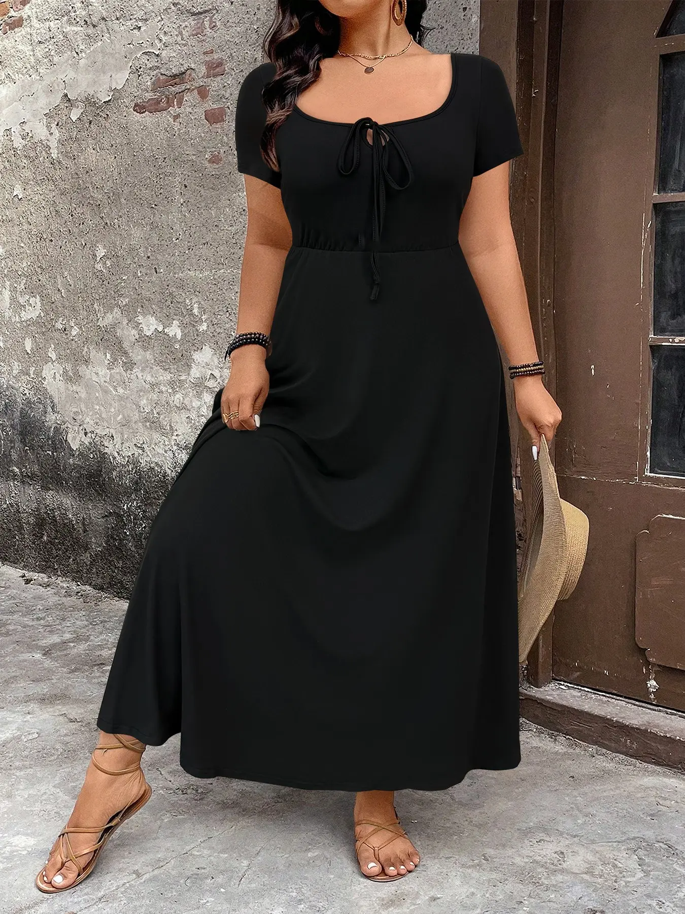 Plus Size Women's Short Sleeve Long Dress, Feminine Summer Bow Design, High Side Split, A-Line Silhouette, Comfortable Stretch Fabric, Casual Semi-Formal, Casual Wear, Chic
