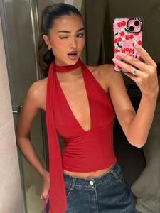 women's plain halter neck tie back crop cami top, casual slim sleeveless top for daily wear, ladies clothes for all seasons, halter top