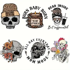 6-piece Fashionable Leopard Print Skull Iron-on Patch Washable DIY Crafts T-Shirt Heat Transfer Sticker Cute Skull Decorative Patch Handicraft