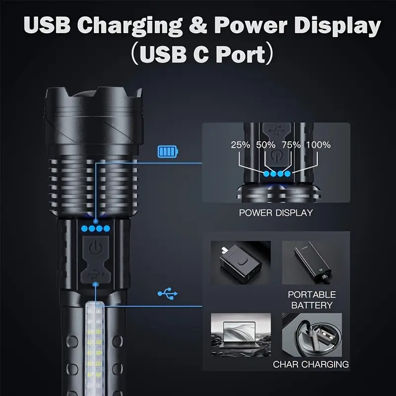 Buy 1 Get 1 Free, Total 2 One Multi-Function Torch High Lumen Rechargeable LED Battery Powered 7 Light Modes, Cob Sidelight, USB C, Zoom, Powerful Handheld Flash Perfect for Emergency, Camping, Outdoor Adventure. Fishing, Maintenance