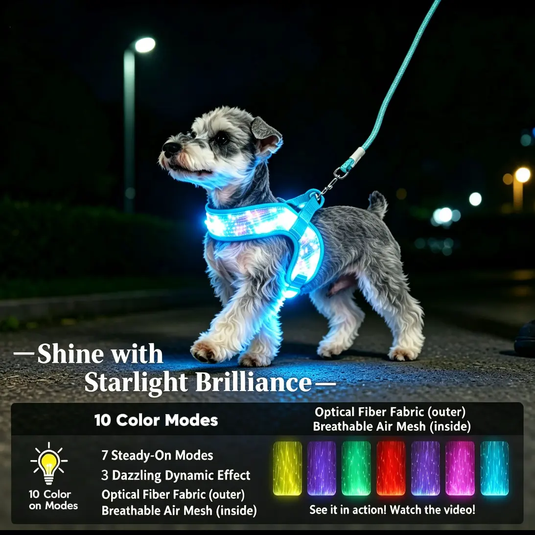 PUPB Light-up Pet Harness – USB rechargeable; stylish, safe, secure, and comfortable; lightweight, anti-chafe straps; adjustable for a perfect fit; suitable for small to medium-sized dogs and cats.