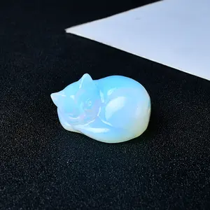 Opalite Crystal Cat Statue Handcrafted Sleeping Kitten Figurine Mineral Specimen Home Desk Decoration Ornaments