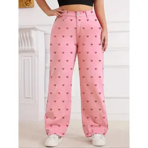 Plus-size women’s stretch denim and pants with a washed finish and heart-shaped print—casual, fashionable, loose wide-leg styles suitable for all seasons; natural waist measurement; autumn/winter.