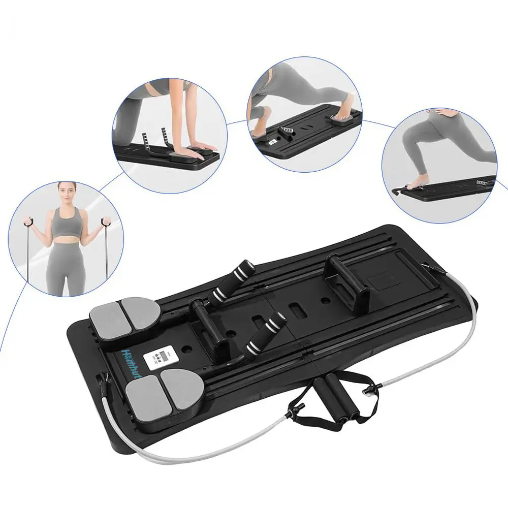 Fold Up All Purpose Core Workout Abs Plate, Indoor Pilates Training Machine With Shock Absorb Knee Cushion, Timing Device & Stretch Resistance Straps, Abdomen Full Body Shaping Exercise Equipment For Home