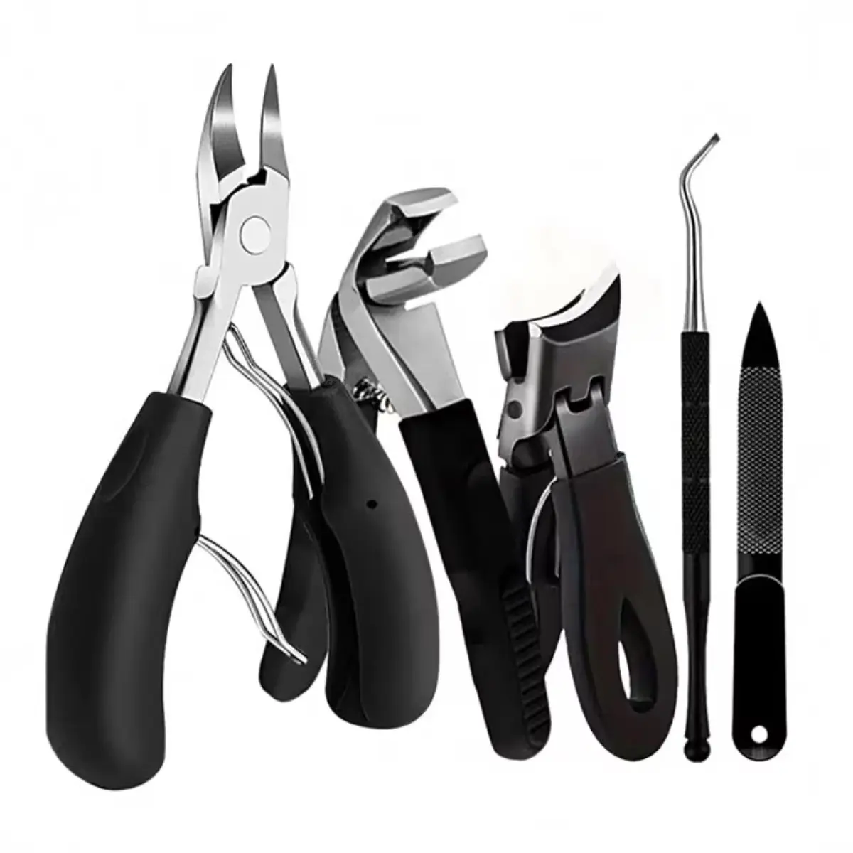 5PC Stainless Steel Ingrown Nail Clipper Set, Heavy-duty Nail Care Tool, Includes Pedicure Accessories, Black Handle, Suitable for Thick Nails and Foot Care, Ideal for Professional and Personal Use.