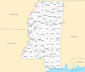 Map of Mississippi MS - County Map with selected Cities and Towns - Peel and Stick Wall Decal