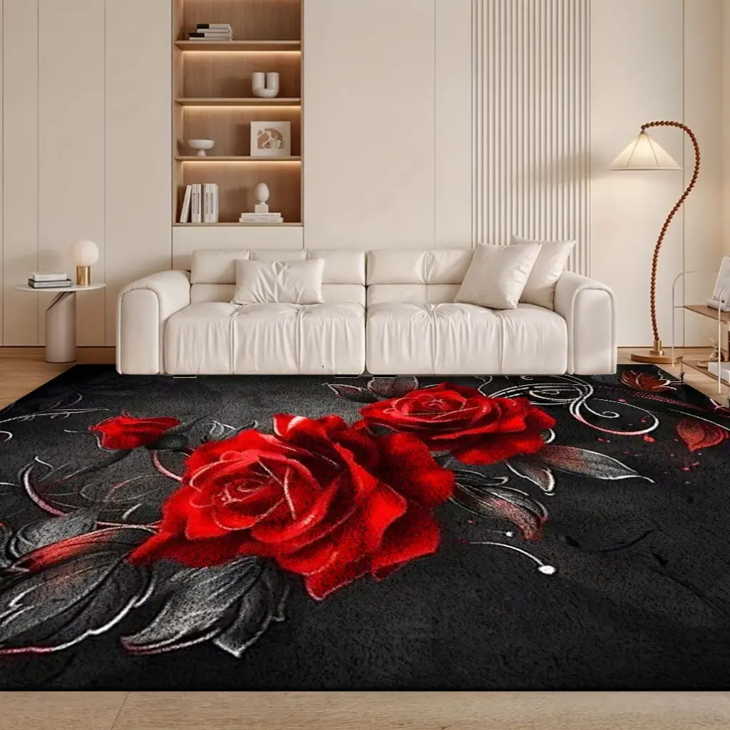 Retro Red Rose Floral Crochet Weave Polyester Fiber Rug - Deep Red & Black, Non-Slip, Soft-Step, Thick, Lightweight, Durable, Machine Washable Themed Area Rug for Living Room, Bedroom, Floral Area Rugs, Rose-Shaped Area Rugs