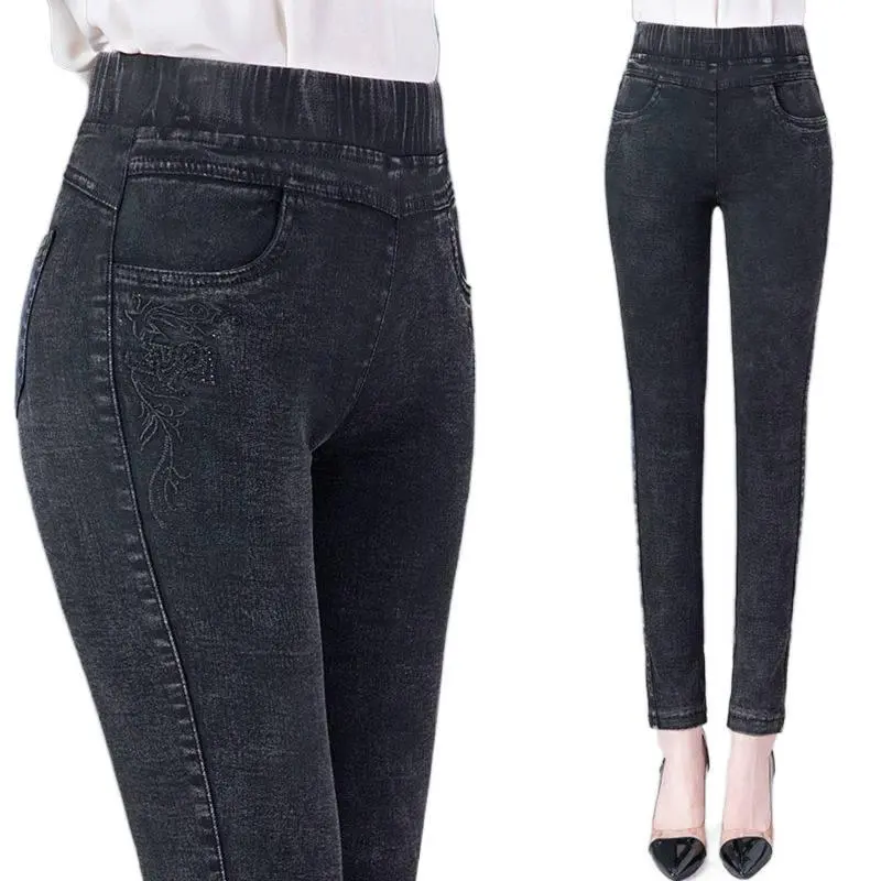 Women's High-Waist Mom Jeans with Love Flower Pattern - Thermal Compression Denim with Detachable Cashmere Lining, Hormone-Responsive Stretch Matrix & Subtle Hem Detailing, Evening Sports & Outdoor Wear, Clothes